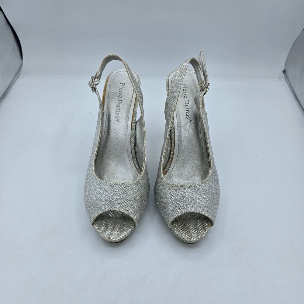 Pierre Dumas Womens Silver/Glitter Ankle Strap Dress High Heels- 8 1/2  preowned